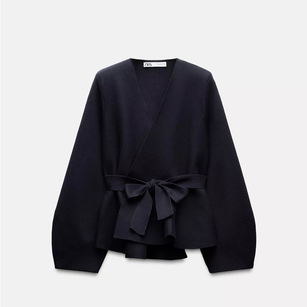 Zara NWT Navy Blue Belted Sweater Blazer